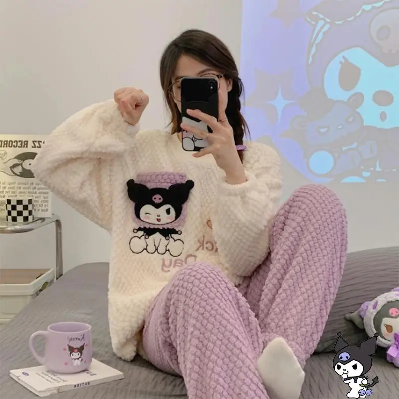 

Cute Sanrios Pachacco Coral Velvet Pajamas Kuromi Winter Leisure Thickening Plush Sleepwear Household Clothes Christmas Gift