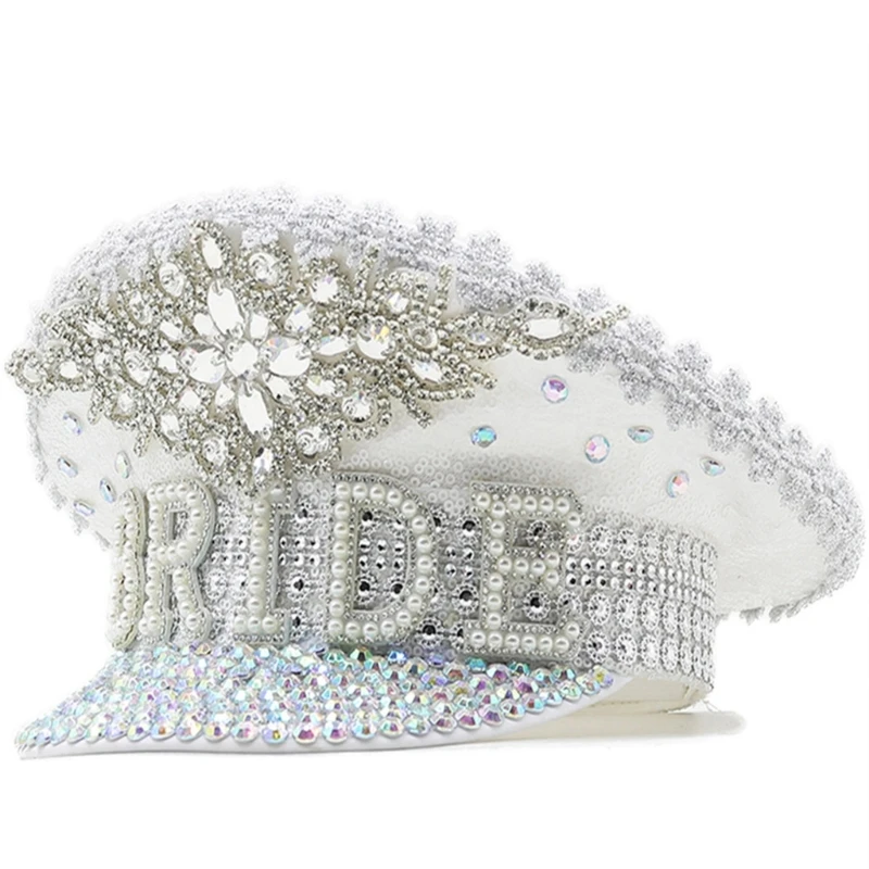 Bride Hat Pearls Captain Hat Encrusted Rhinestones Delicate BRIDE Banner Diamond-studded Hand Beading Heavy Duty
