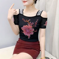High Quality Summer Slim Sweet Girls T-Shirt Shiny Flower Design Hot Diamonds Tops Women's Brand Clothes Sexy Tees - Image 6