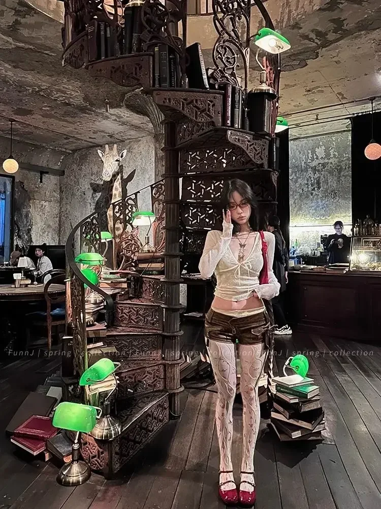 Korean Fashion Crop Top y2k Aesthetic Sweet Lace Patchwork Long Sleeve T Shirt with Bow 2000s Women Clothes Streetwear