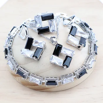 Wedding 925 Silver Jewelry Sets Bridal Black White Zircon Earrings Rings Pendant Necklace Stone Bracelets Set For Women 1
