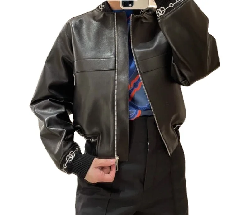 

New Sheepskin Women's Leather Coat Celebrity Same Loose Casual Sheepskin Baseball Coat With Genuine Leather Jacket