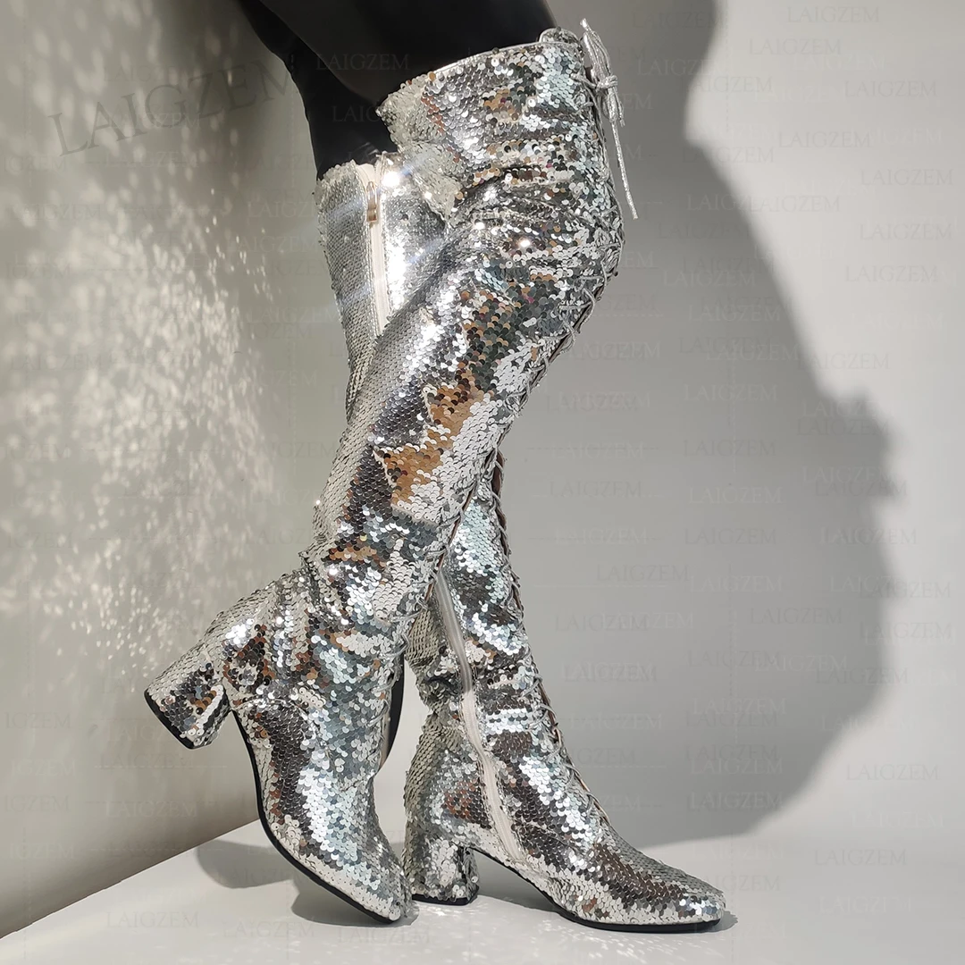 

LAIGZEM Women Boots Over Knee Bling Glitter Square High Heels Boots Party Prom Dance Ladies Shoes Woman Big Size 33 41 43 45 48