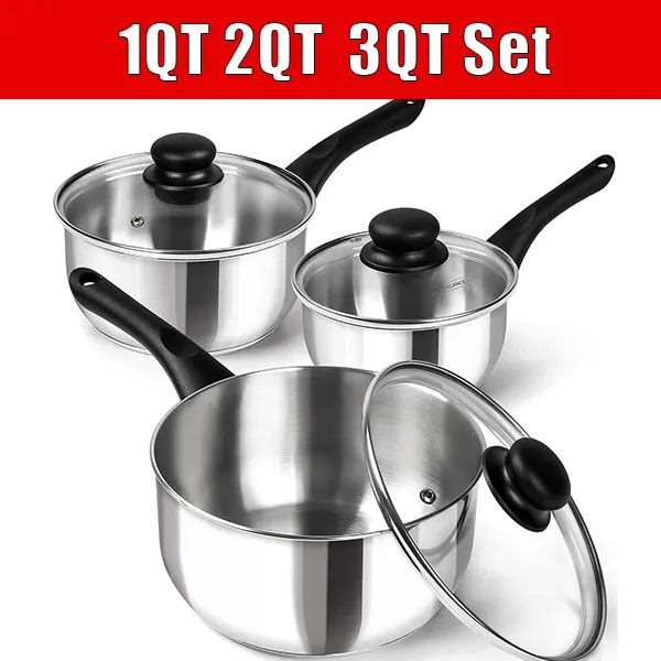 3個セット 三層構造 ステンレス製 ソースポットセット ベークライトハンドル付き 1QT & 2QT & 3QT ソースパン ミルクスープポット キッチン調理器具セット