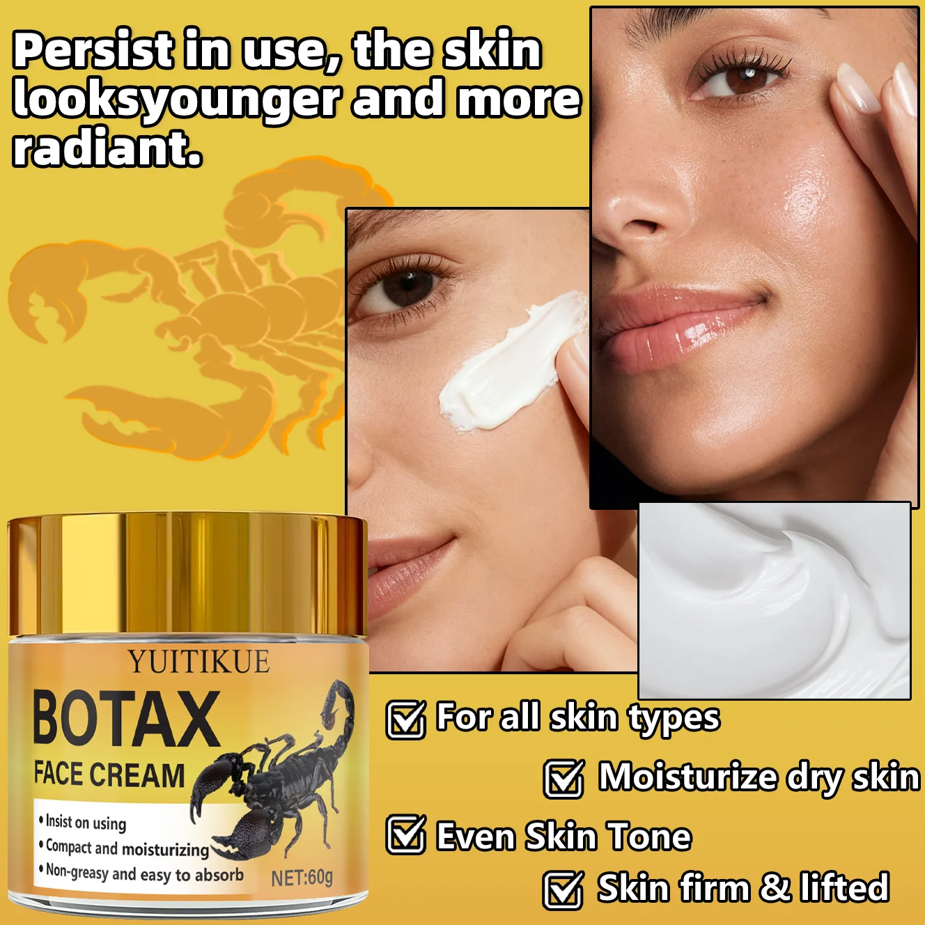 BOTAX continuous use; firming and moisturizing, non-greasy, easily absorbed. Suitable for all skin types.