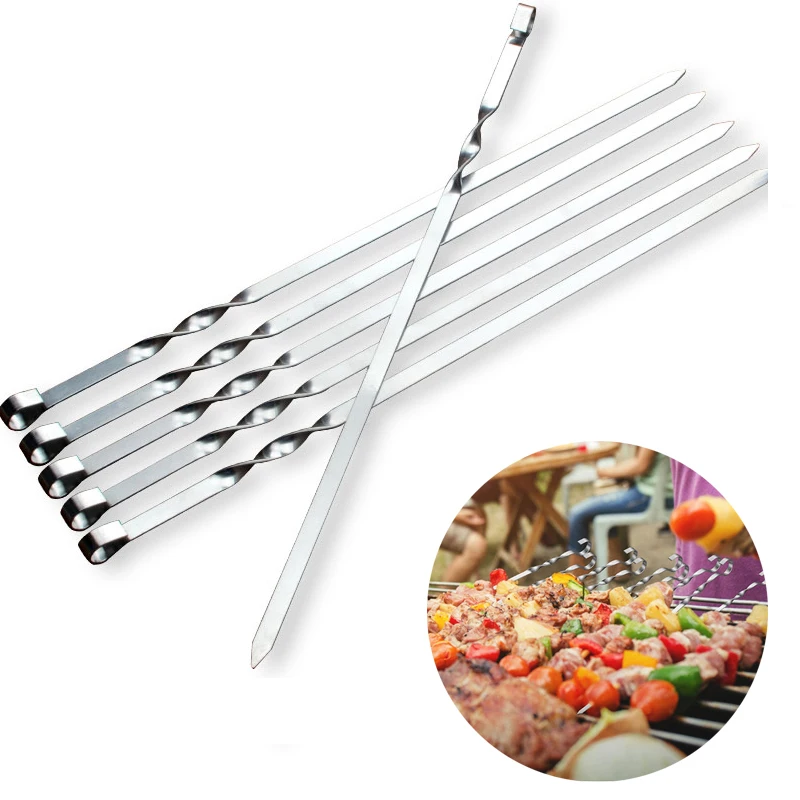C2 6pcs/Set Roasting Fork With Bag Camping Barbecue Meat String Chunks Of Stainless Steel Roast Stick BBQ Skewers Outdoor Picnic