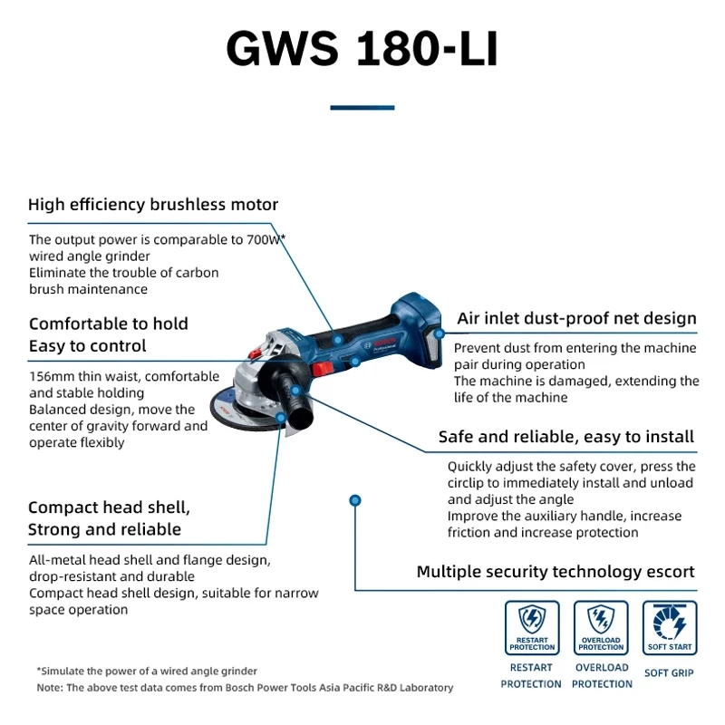 Bosch GWS180-LI Rechargeable Brushless Angle Grinder Cordless Portable 18V Grinding Cutting Machine Polisher Power Tools