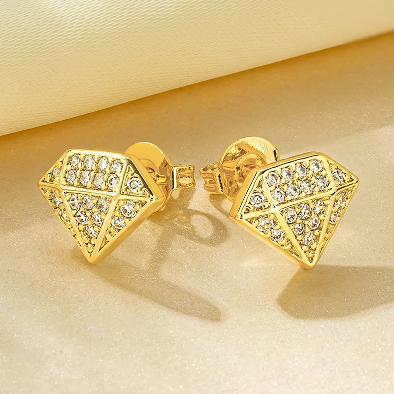 Rrjzz Funkelnde, rautenförmige, 14 Karat vergoldete, einzigartige Ohrringe, modische CZ-Ohrstecker mit künstlichem Diamant für Damen und Herren, Schmuck – Detail 3