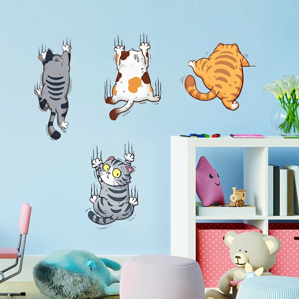 1 סט מדבקת קיר קרטון חמודה עם דמות חתול - עצמי דביק, ניתן לשימוש מחדש מדבקות קישוט לחדר השינה ולחדר התלמידים לרקעים מדהימים