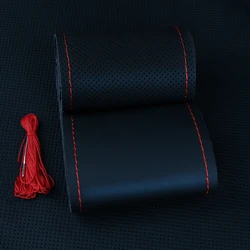 Premium Nappa Leather Steering Wheel Cover - Durable DIY Auto Accessory (Red thread)