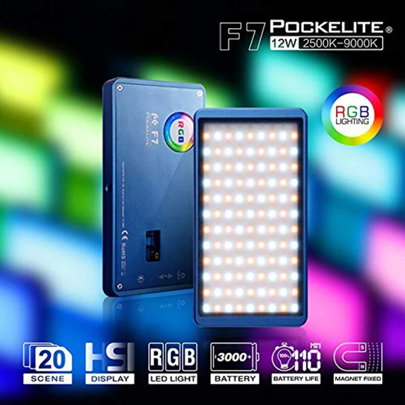 

Falcon Eyes F7 RGB LED Video Light + Softbox and Honeycomb Grid Dimmable 2500K-9000K Pocket DSLR Camera Light for Photo Shooting