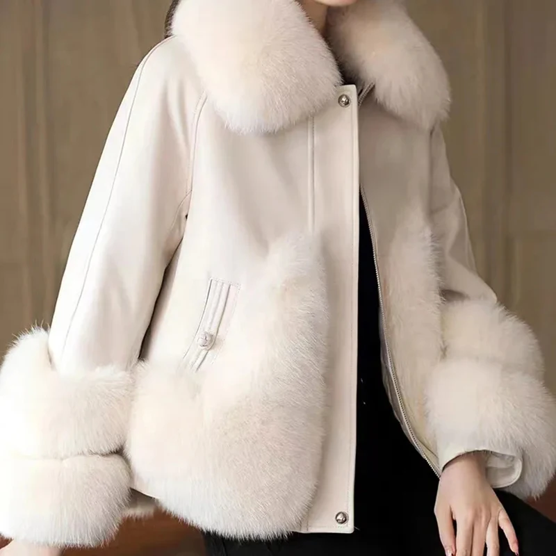 Faux Fox Fur Jacket for Women, Loose Mid-length Overcoat, PU Leather, Stitching, Warm Parka, Fashion, New, Winter, 2023