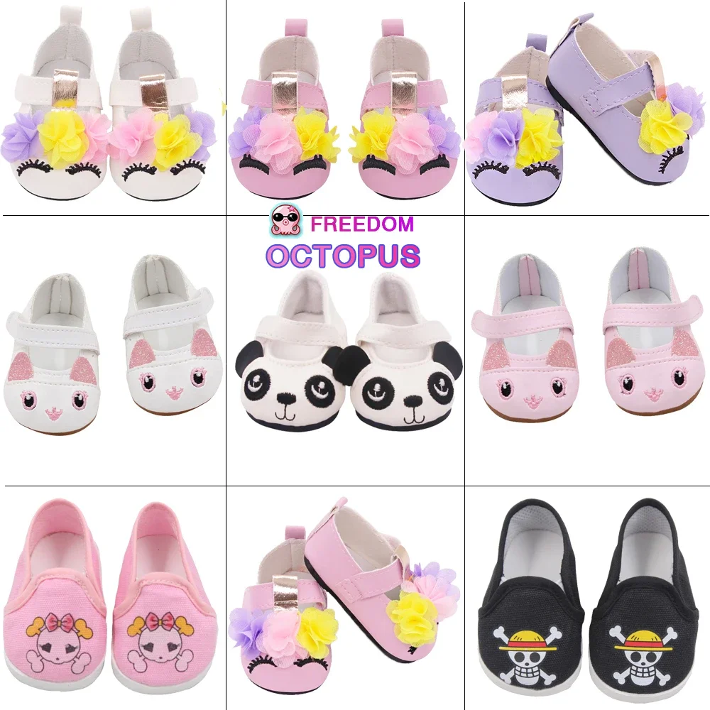 

2022 New Lovely PU Leather Canvas Shoes For 43 cm New Born Baby Doll Flower Cartoon Accessories Shoes Fit 17 Inches Dolls Gift