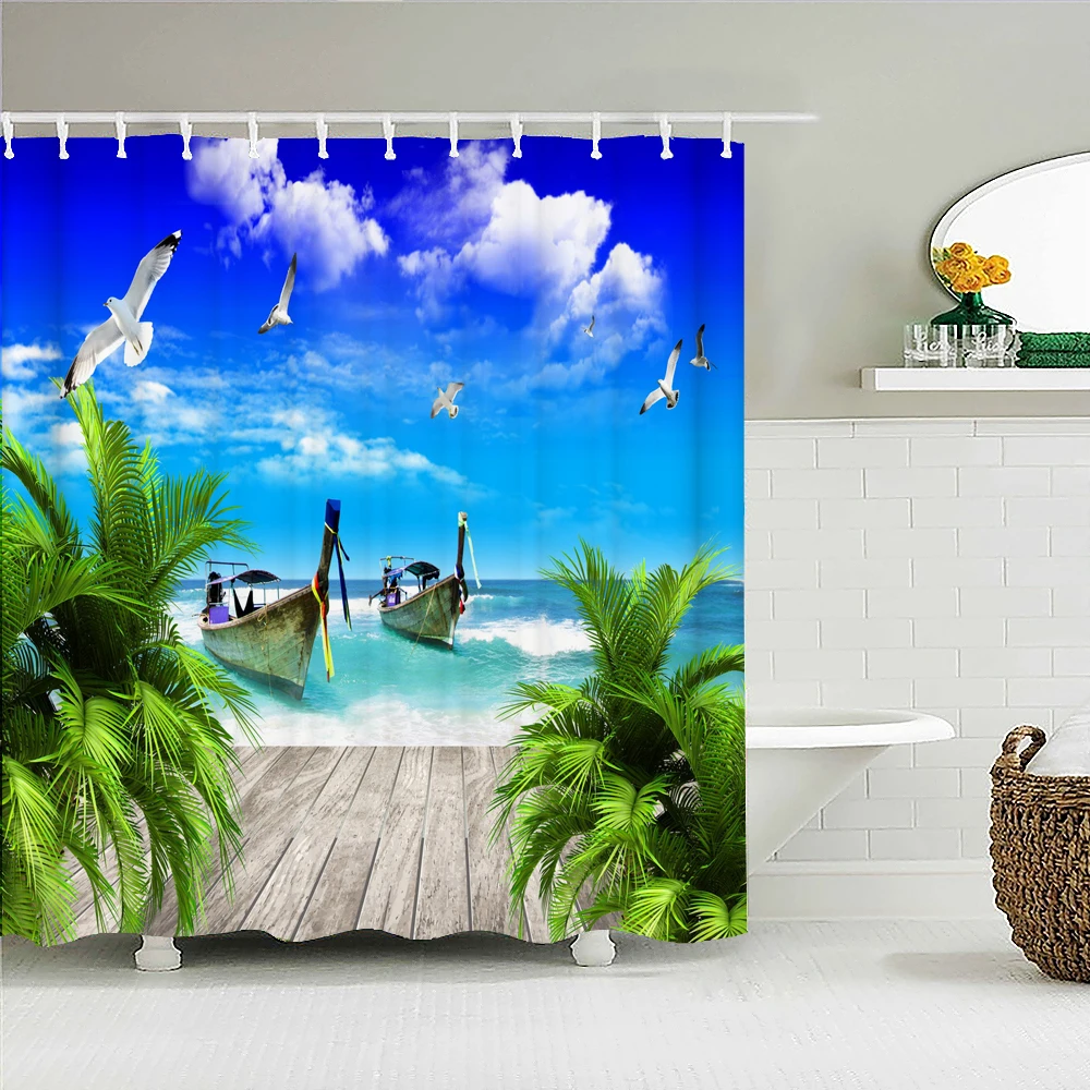 Beach Sea Palm Trees Shower Curtains Waterproof 3d Bathroom Curtains With Hooks Home Decoration Washable Bath Screen shower curtains