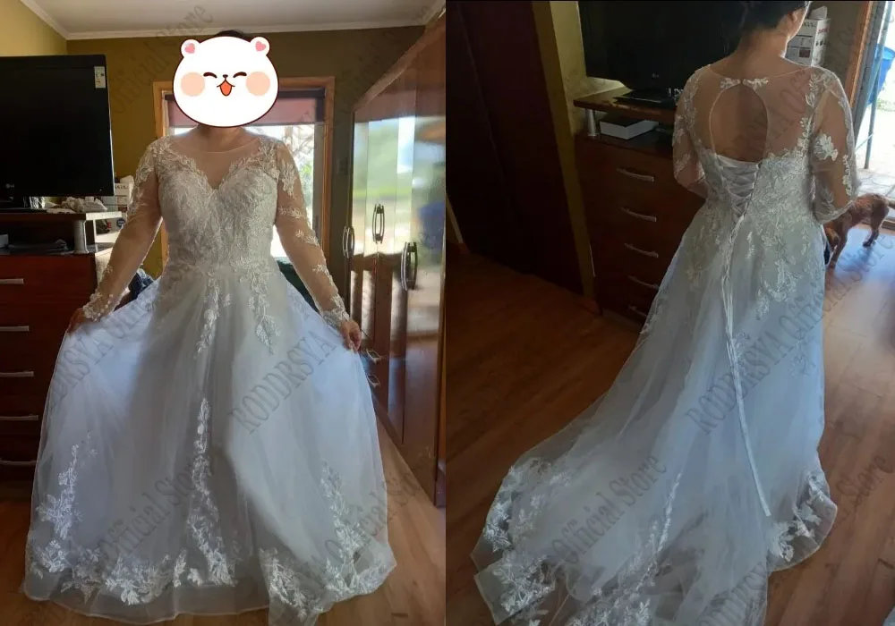 Roddrsya elegante O-Ausschnitt Brautkleid schnüren A-Linie Applikation Tüll lange Ärmel Strand Braut Kleider Vestidos de Novia angepasstRODDRSYA Elegante O-Ausschnitt Brautkleid Lace Up A-Linie Applikation Tüll Lange Ä – Detail 10