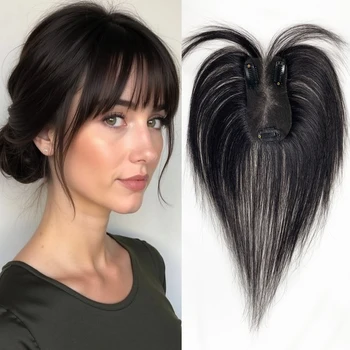 Topper per capelli umani con base in pizzo 7x11cm, con frangia leggera, invisibile, annodato a mano per aggiungere volume in cima