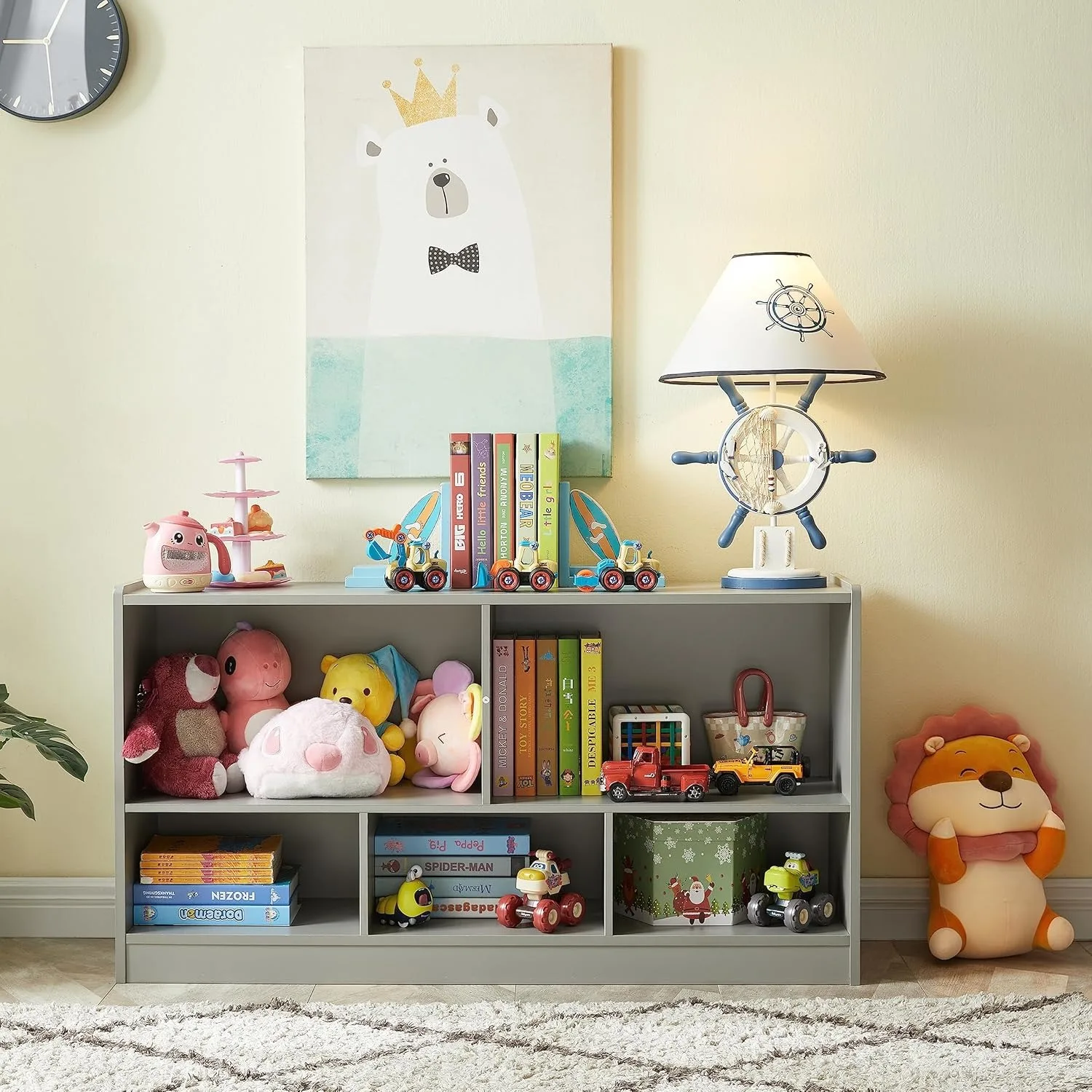Toy organization and storage, 5-section children's bookshelf for organizing books and toys, game room, daycare (gray) 4