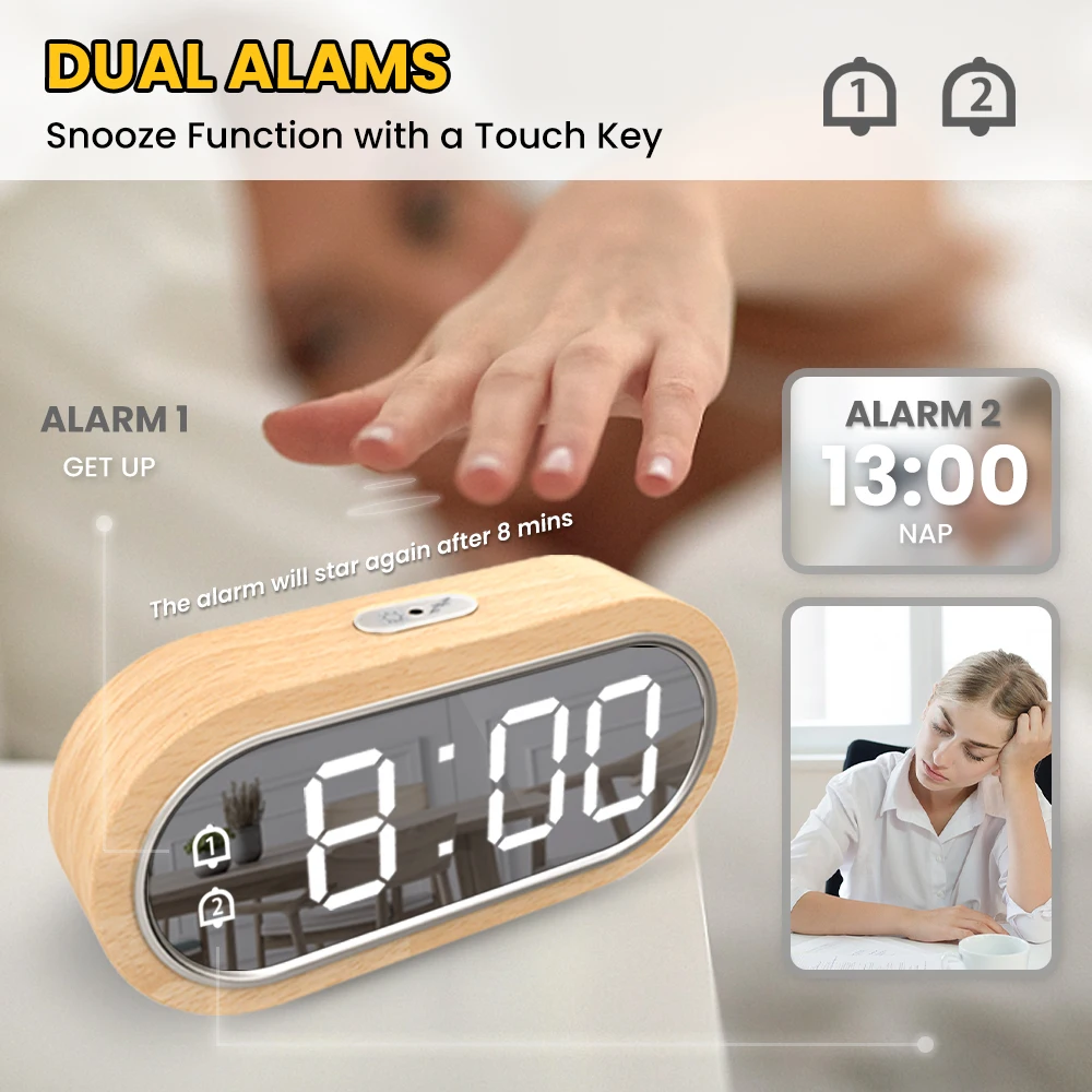 Digital Clock LCD Digital Clock Digital Desk Clock Digital Table Clock Digital Clock Alarm Snooze Table Thermometer Electronic USB charger LED Mirror Wooden Watch Living room Desk Clocks AAA Powered