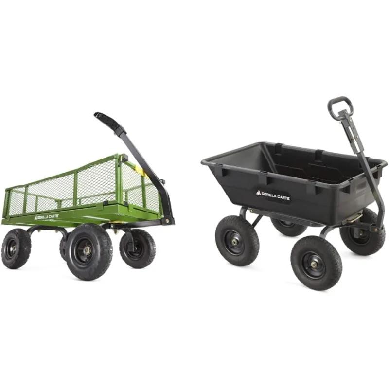 

Carts 4 Cu. Steel Utility Cart with No-Flat Tires, Green & Heavy-Duty Poly Yard Dump Cart | 2-in-1 Convertible Handle