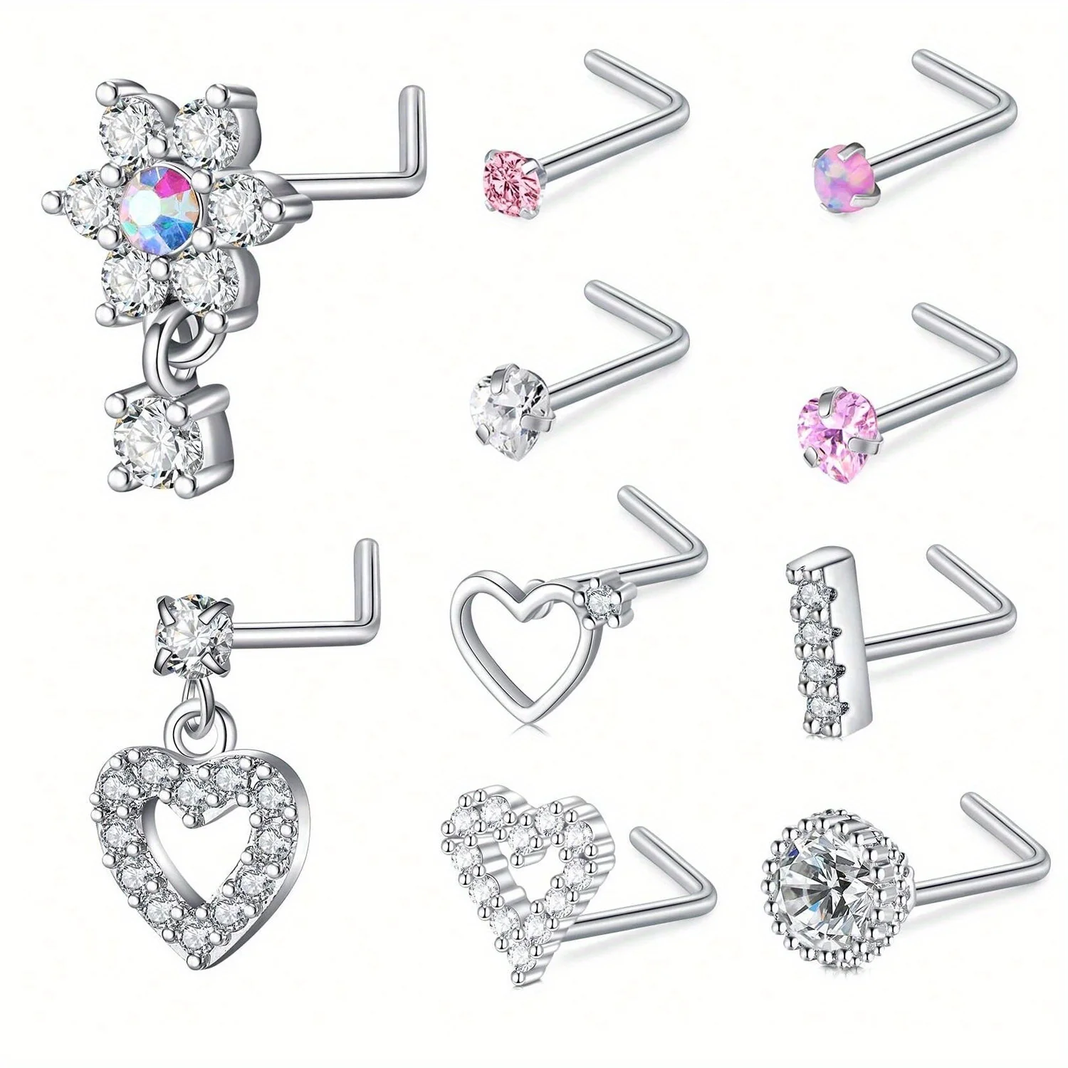 10pcs 20G 7mm Nose Stud Set, 304 Stainless Steel Nostril Jewelry, Elegant Cute Nose Screw Hoop Rings, Synthetic Zirconia