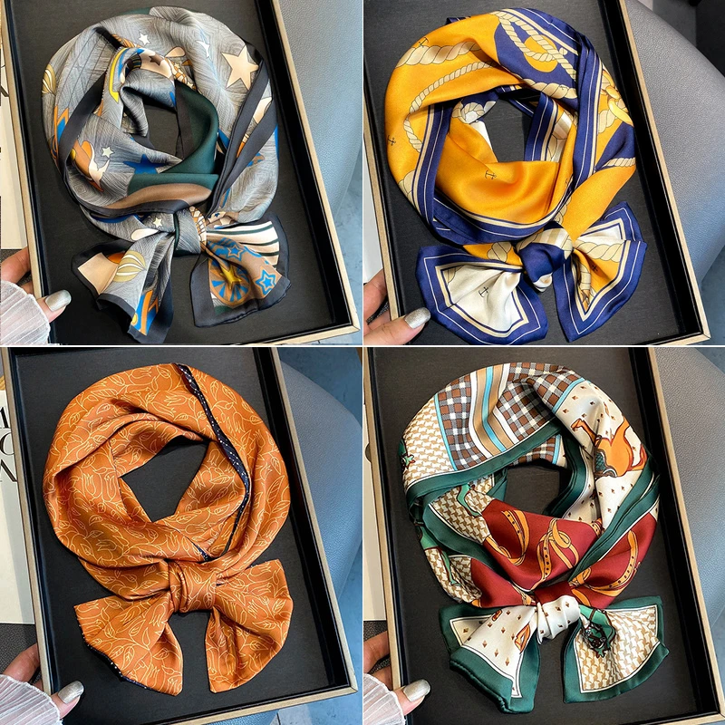 mens navy scarf Women Fashion Silk Hair Scarf Long Skinny Ribbon Neckerchief Foulard Female Design Print Hairbands Accessories Bandana mens snood scarf