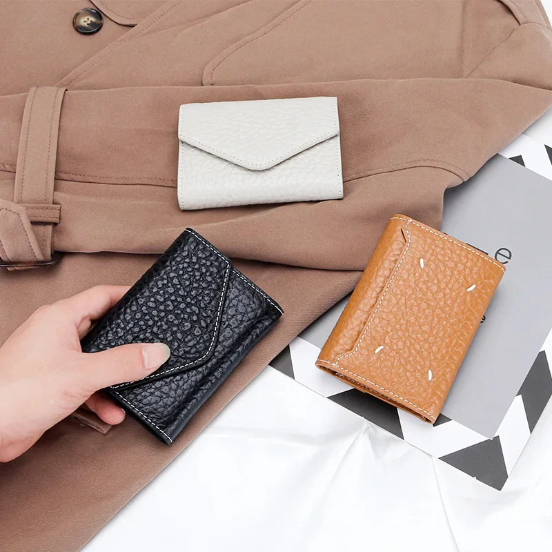 

New Folding Envelope Cover Cowhide Portable Holder Luxury Elephant Grain Small Card Bag Coin Purse Short Mini Wallet