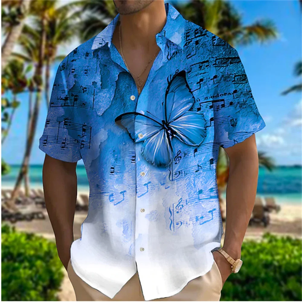 Men's short shirt, summer leisure vacation, butterfly music printing, lapel, men's clothing, fashionable daily men's top