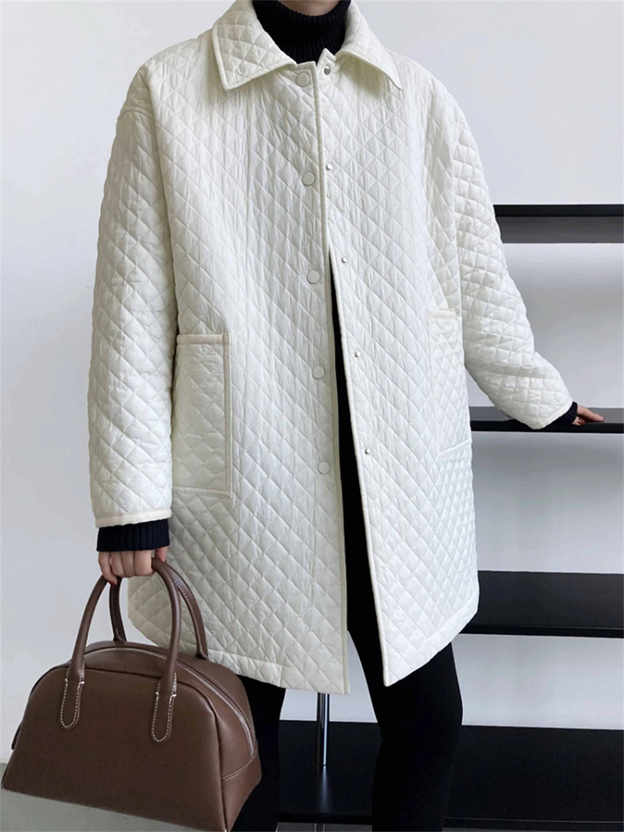 

Female Jacket 2022 Autumn Winter Women Elegant Loose Thin Parkas Luxury Coat Loose Argyle Outwear Ladies Fashion Oversize Coats