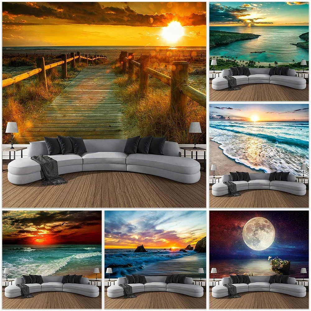 

Landscape Beach Sunset Tapestry Wall Hanging Boho Printed Cloth Fabric Large Tapestry Aesthetic Dorm Interior Room Bedroom Decor