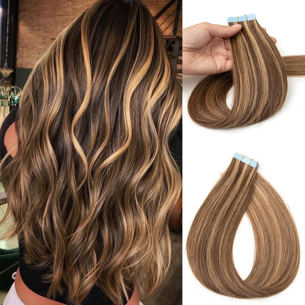 Long Straight Balayage Tape in Hair Extensions Real Human Hair Seamless Skin Weft PU Tape Natural Black Brown Blonde 20PCS human hair extensions hair extensions
