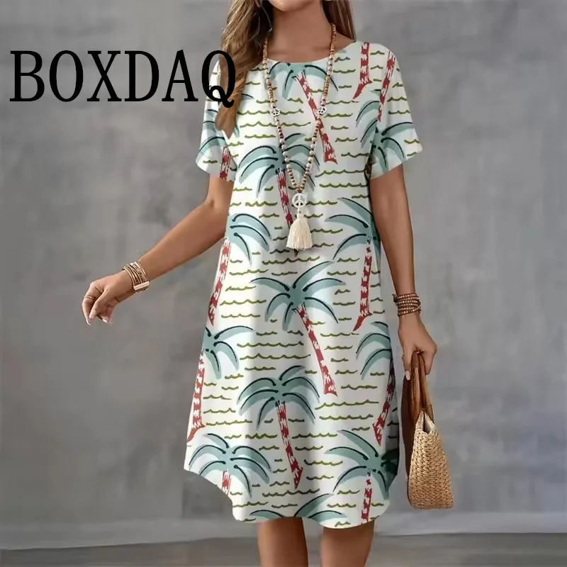 Summer Holiday Hawaiian Dress For Women 2025 New Ladies O-Neck Short Sleeve Loose Dress Casual Coconut Tree Print Beach Dresses