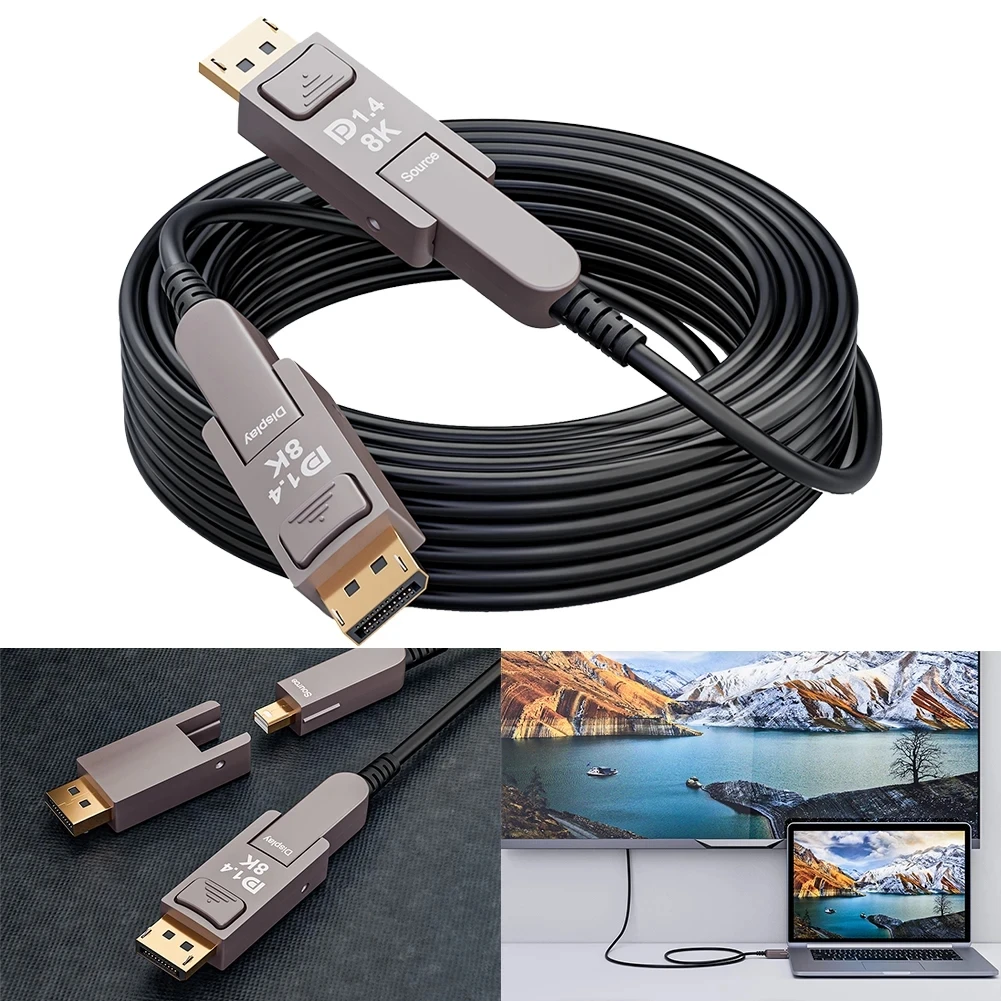 PC 노트북 HDTV 프로젝터용 탈착식 디스플레이 포트 1.4 광섬유 케이블, 미니 DP DP DP 1.4 케이블, 싱글 헤드 풀 가능, 8K, 10m, 15m
