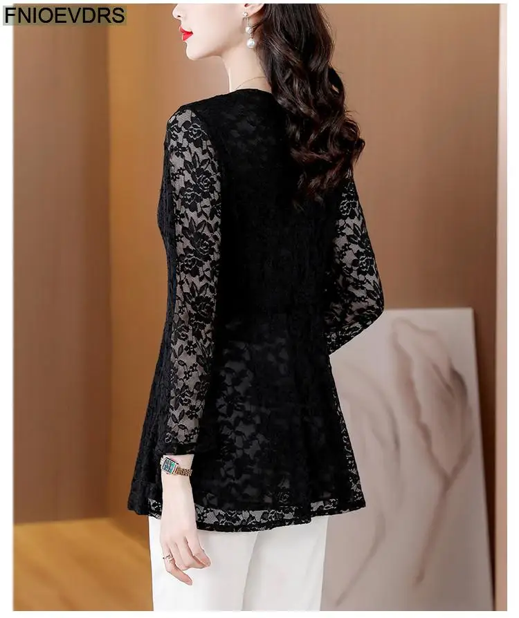 M-4XL 2023 Women Hot Sales Elegant Office Lady Work Button Black Lace Shirt Casual Belly A Line Tunic Peplum Tops And Blouses