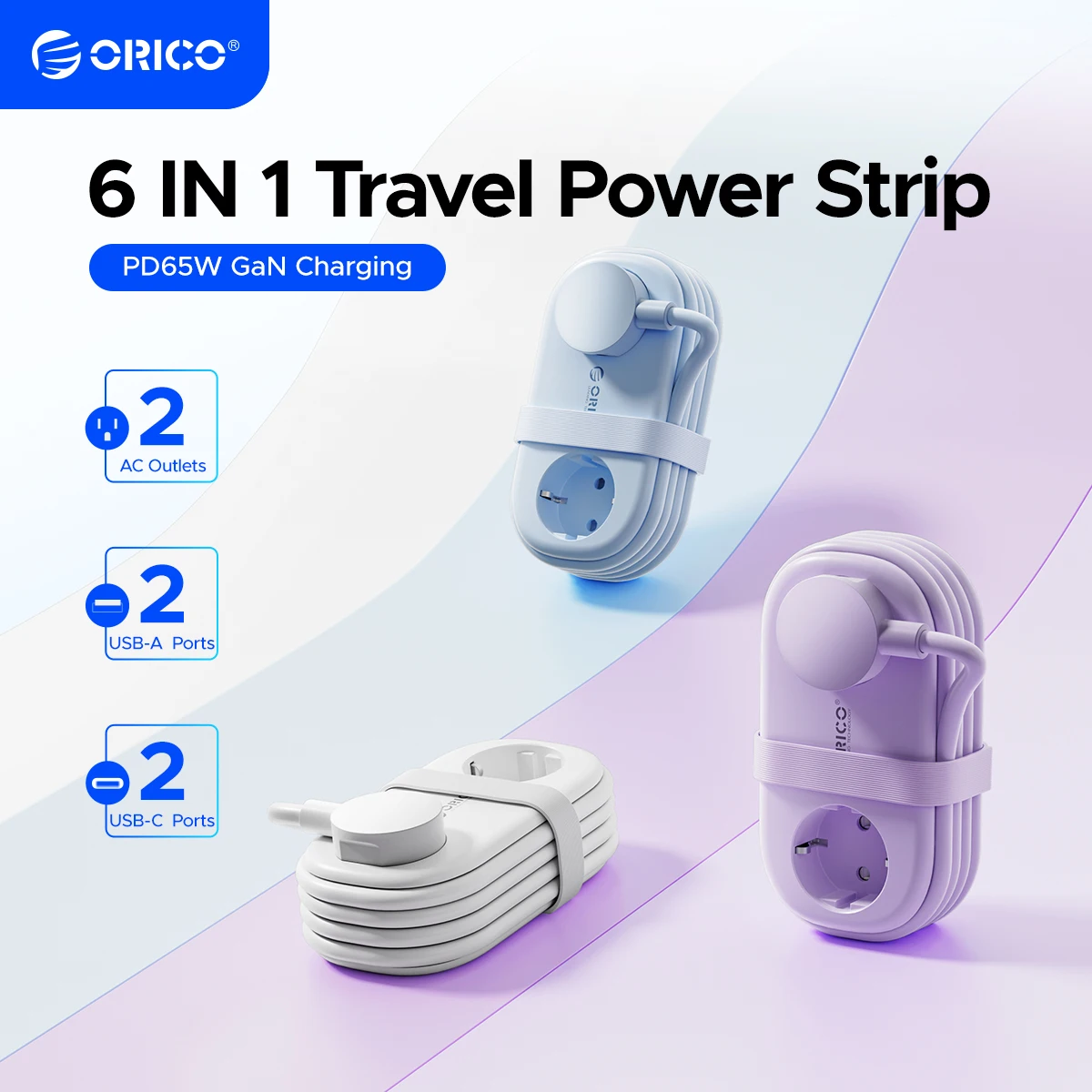ORICO Tragbarer Reise-Steckdosenleiste mit Kabelwicklung, 65 W, GaN-Schnellladestation mit 2 AC-Steckdosen, 2 USB-2 Typ-C, EU-Stecker-Adapter für Zuhause - AliExpress 44