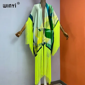 WINYI kimono cover-ups summer boho print Bikini Cover-up Elegant fashion Cardigan sexy Holiday long Sleeve tassels maxi dress 1