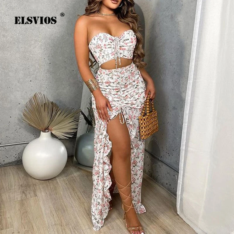 Spring Sexy Chest Wrap Off Shoulder Short Top And Folds Ruffle Long Skirt Suit Ladies Elegant Set Floral Print Party 2 Piece Set sibybo summer hole hollow out dress set women sexy print wrapped chest tops and mini skirts femme two piece set party outfits