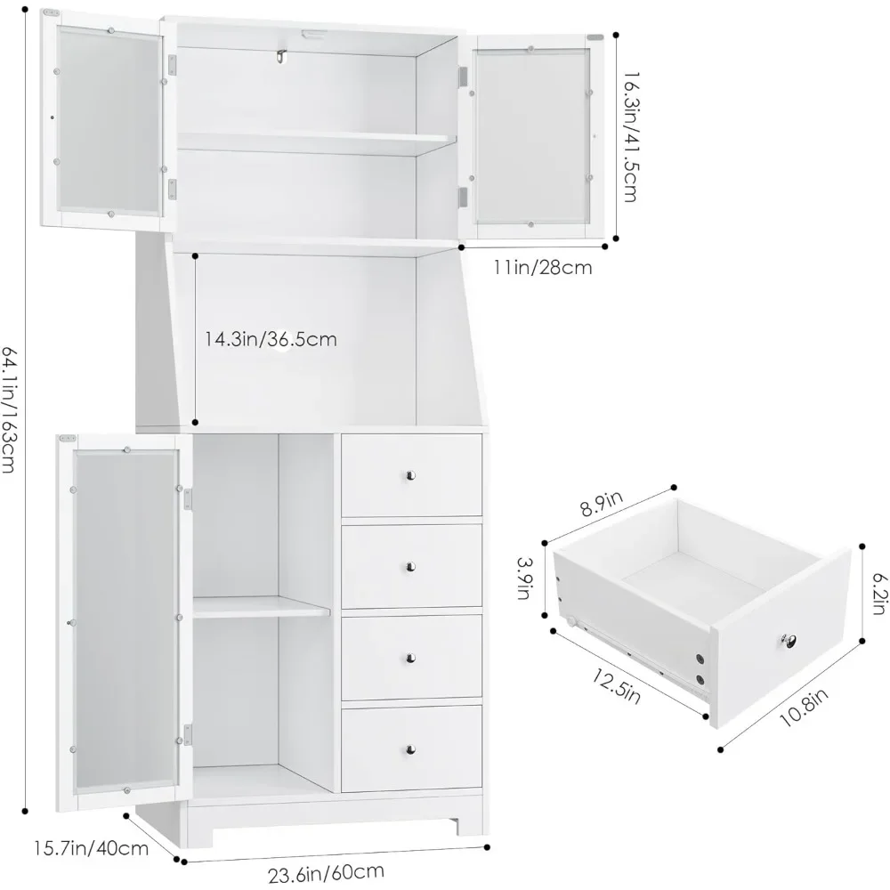64'' Tall Kitchen Storage Cabinet, Kitchen Hutch with Microwave Stand, Pantry Cabinet with Adjustable Shelves, for Kitchen 2