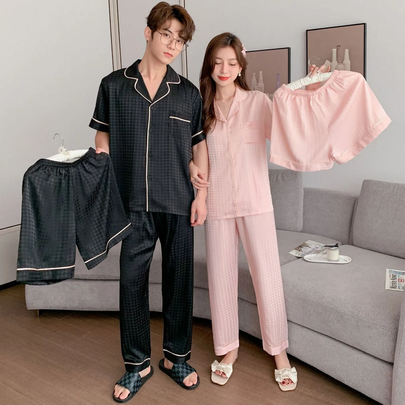

Couple Summer Ice Silk 3PCS Pajamas Suit Lovers Short Sleeve Shorts Sleepwear With Pant Autumn Pijamas Houndstooth Home Clothes