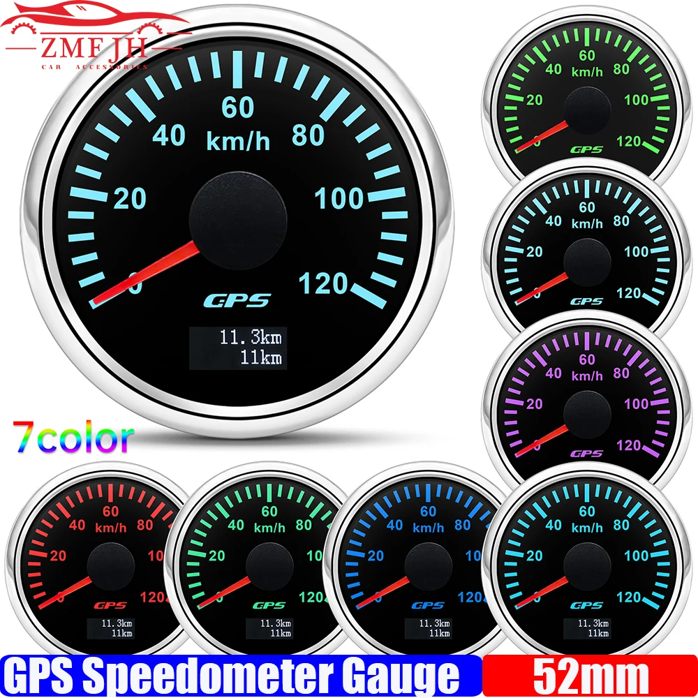 Speed Gauges Speed Meter 30-120KMH 52mm GPS Speedometer Gauge with Antenna 60KMH Speed Meter 7 Color Backlight Odometer for Car Marine Boat 12V 24V