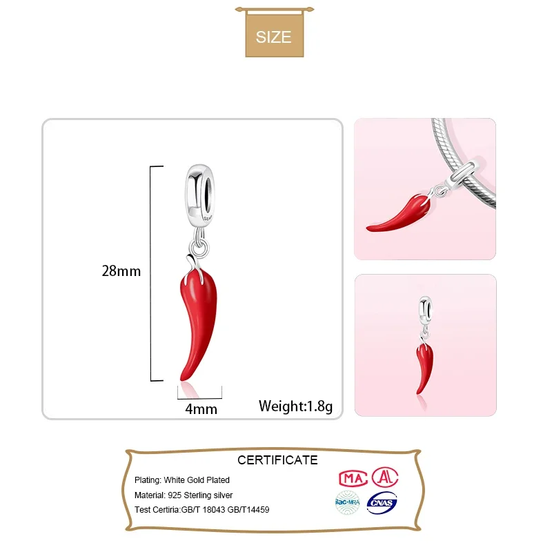 925 Sterling Silver Charm Beads Red Pepper Bracelet Necklace Handmade DIY Accessories Jewelry HY706 silver necklace charms