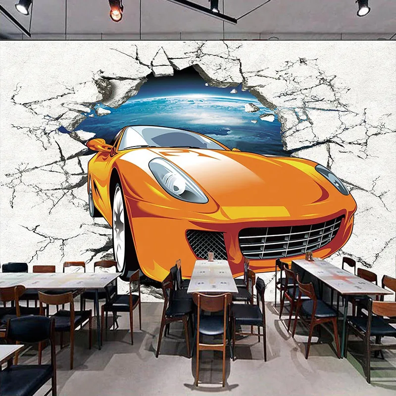 Personalizado 3d Papel de Parede Moderno Criativo Carro Quebrado Foto da Parede Mural Restaurante Cafe Ktv Barra Fundo d