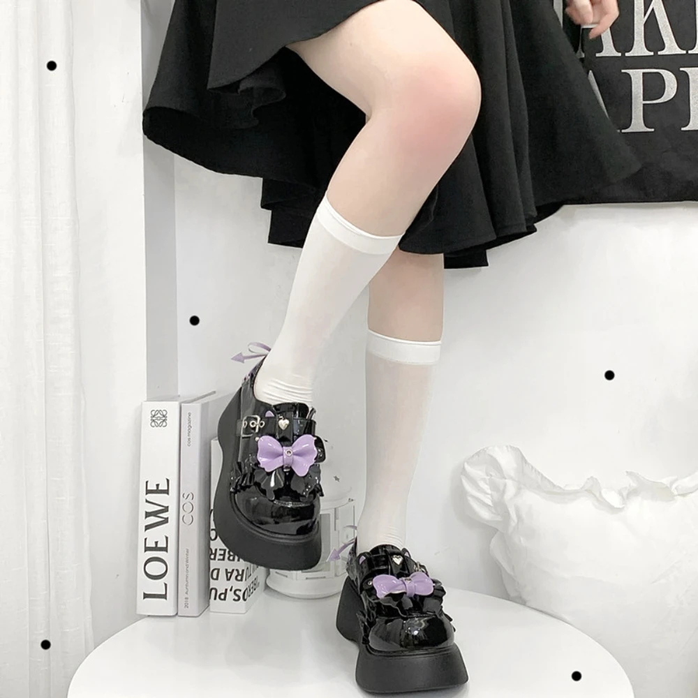 Lolita Pump Shoes Sweet Cool Hot Girl Punk Thick Bottom Round Head Bow Paltform JK Uniform Shoes Female Casual High Heels