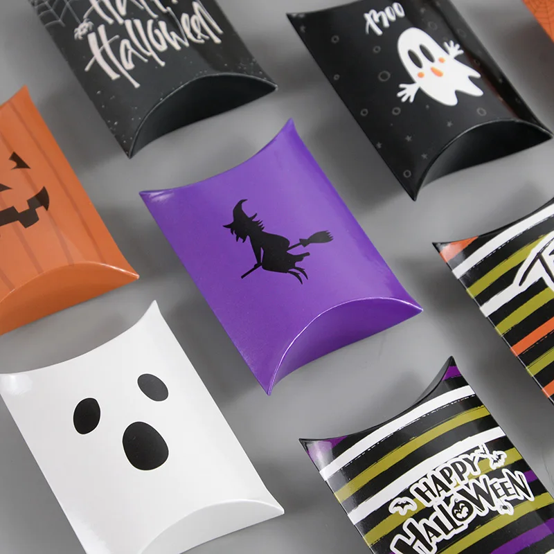 10Pcs Halloween Kraft Paper Pillow Candy Box Dolcetto O Scherzetto Zucca Fantasmi Regalo Per Bambini Snack Packaging Box Halloween Party Decor