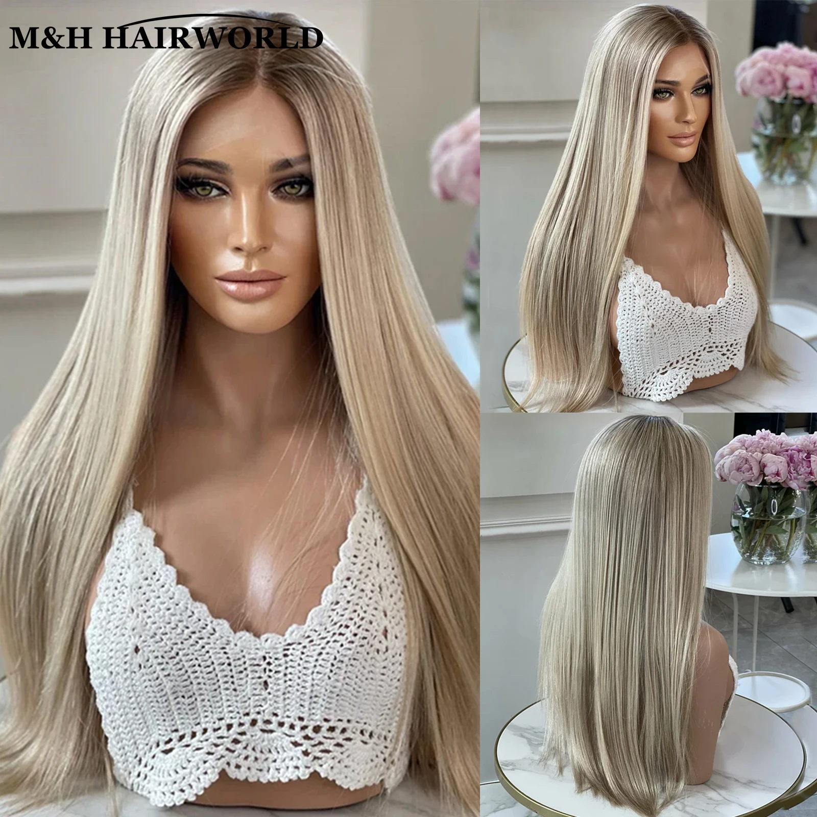 

Highlight Ombre Ash Blonde Color Straight Lace Front Wigs Long Synthetic Baby Hair Wig 13X3 Glueless Frontal Lace Wigs For Women