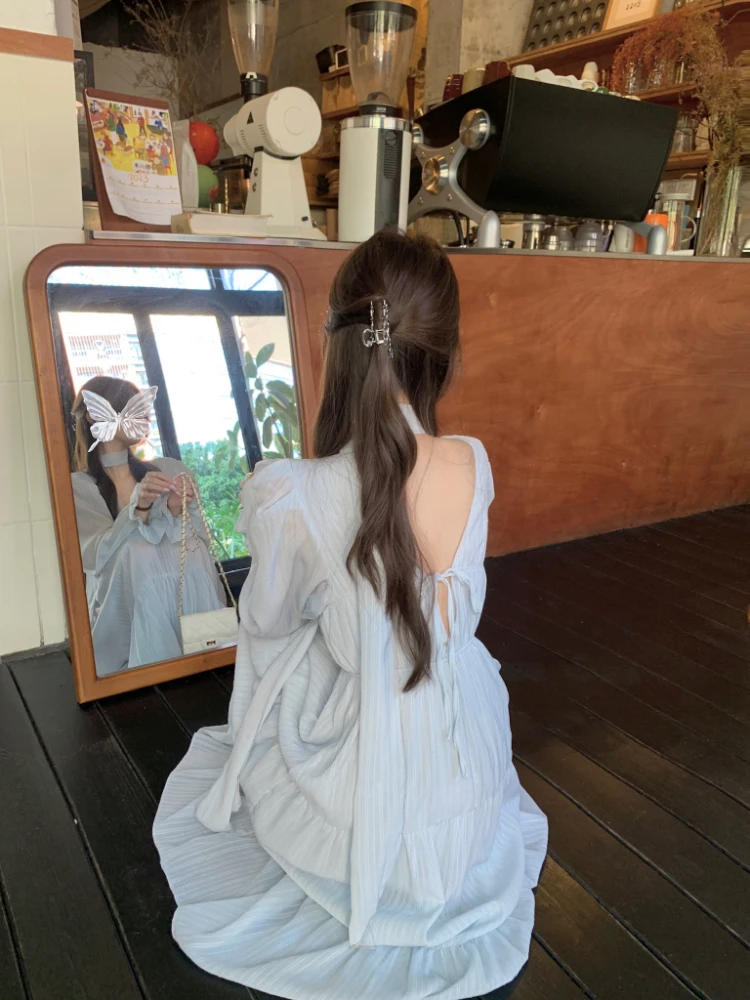 Elegant Autumn Midi Dresses for Women V-neck Flare Sleeves A-line Solid Korean Fashion Casual French Vintage Vestidos Mujer New