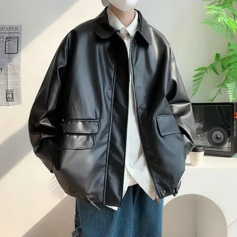 

Куртка мужская Байкерская из искусственной замши, модная верхняя одежда из искусственной кожи, куртки-бомберы с отложным воротником, мотоциклетное пальто на молнии, черный цвет