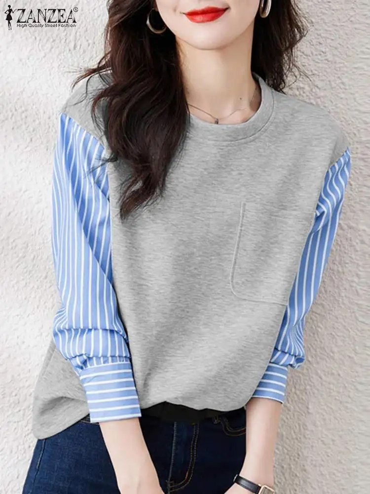 

ZANZEA Fashion Women Blouse Casual Long Sleeve OL Shirt Striped Patchwork Fake Two Pieces Tops Autumn Pullover Street Sweatshirt