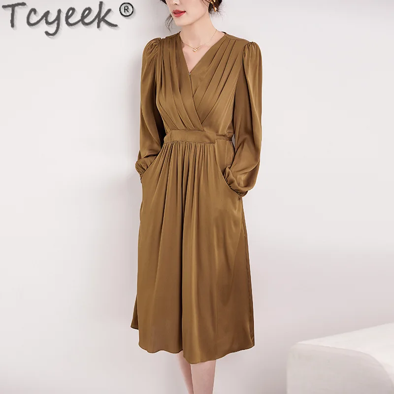 

Tcyeek 19MM Real Silk Dress Elegant Long Sleeve Dress Spring Summer Long Dresses for Women 92.3% Mulberry Silk Womens Dresses