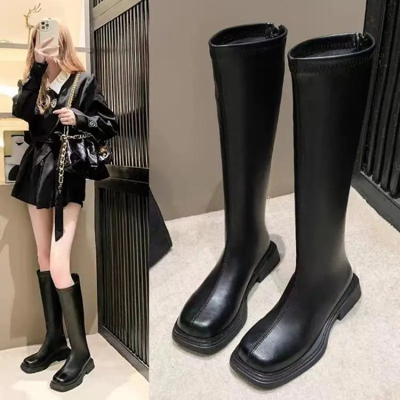 Heel Lady Boots Round Toe Women's Shoes Platform Women Zipper Over-the-Knee Clogs Rubber Autumn Basic Solid Retro Fashion New 40