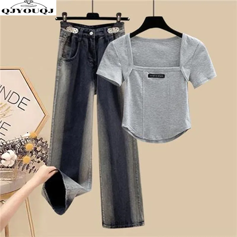 Large Size Women's Spring/summer Set 2024 New Korean Version Slimming Square Neck Top and Jeans Two-piece Set Trendy men s winter mohair sweater solid color thickened round neck fashion korean version loose soft glutinous knit fashion tops hh025